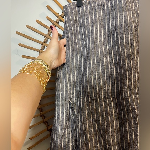 Flax Navy & White Striped Linen Maxi Skirt Side Slit Elastic Waist Lagenlook 3G - Picture 6 of 11